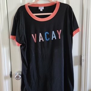 LuLaRoe Black Tee with Coral and Blue Accents